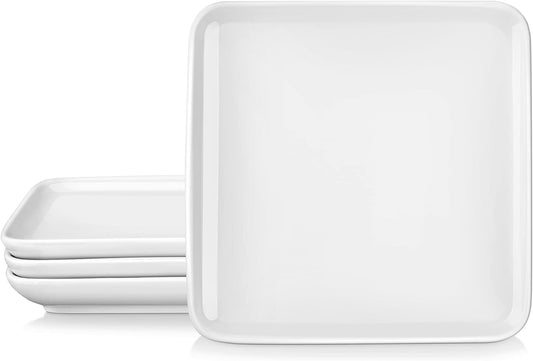MALACASA Dinner Plate,10 Inch(about 25.4 cm)Ivory White Plate,Square plate 4 Set,Ceramic Plate Suitable for Kitchen Banquet Party Steak Appetizer Salad Pasta,White,Series IVY